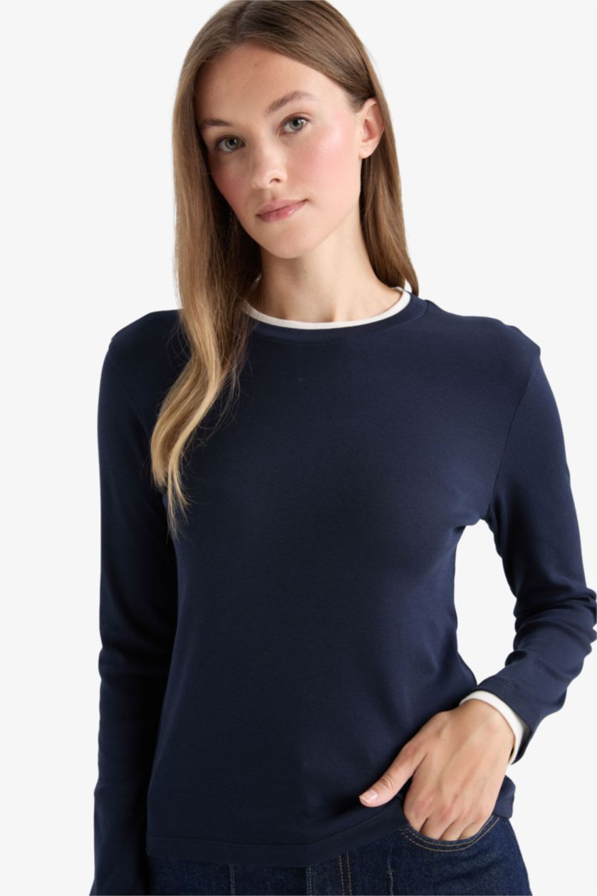 Kadın Lacivert Slim Fit Dar Kesim Bisiklet Yaka Uzun Kollu Tişört Tunik