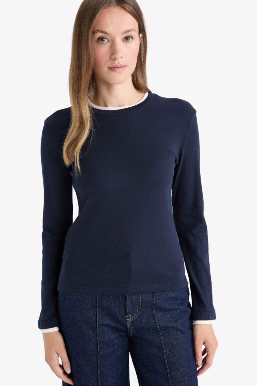 Kadın Lacivert Slim Fit Dar Kesim Bisiklet Yaka Uzun Kollu Tişört Tunik