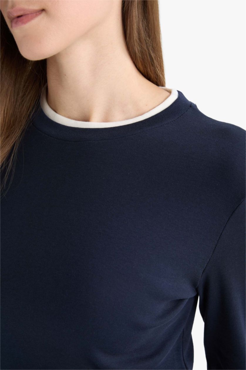 Kadın Lacivert Slim Fit Dar Kesim Bisiklet Yaka Uzun Kollu Tişört Tunik