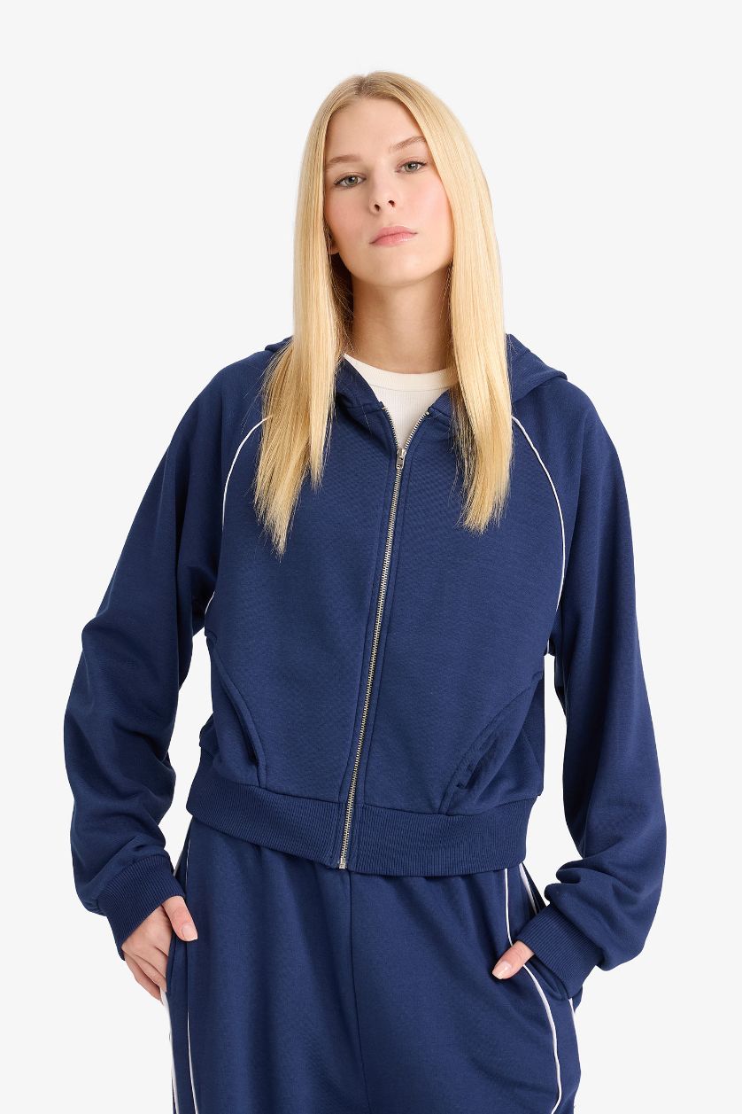 Kadın Lacivert Loose Fit Kapüşonlu Fermuarlı Sweatshirt