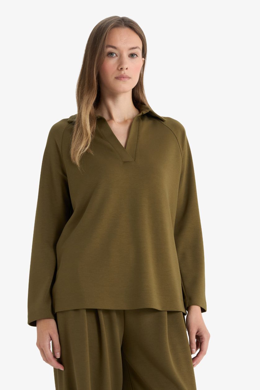 Kadın Haki Regular Fıt Kayık Yaka Uzun Kollu Tunik