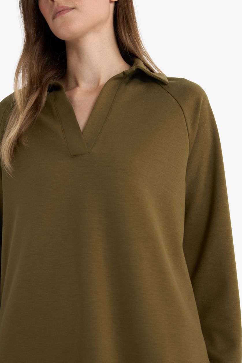 Kadın Haki Regular Fıt Kayık Yaka Uzun Kollu Tunik