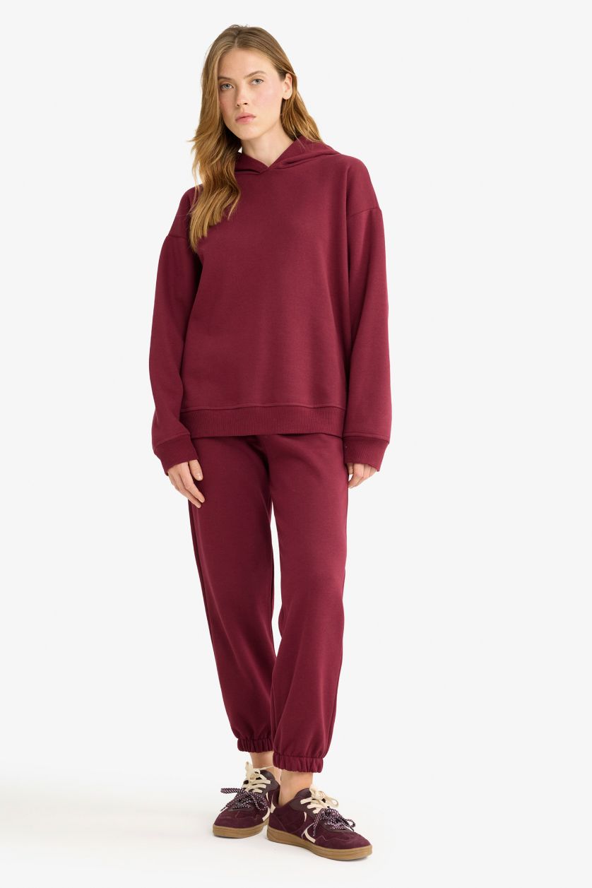 Kadın Bordo Basic Düz Cepli Beli Bağcıklı Kalın Jogger Eşofman Altı