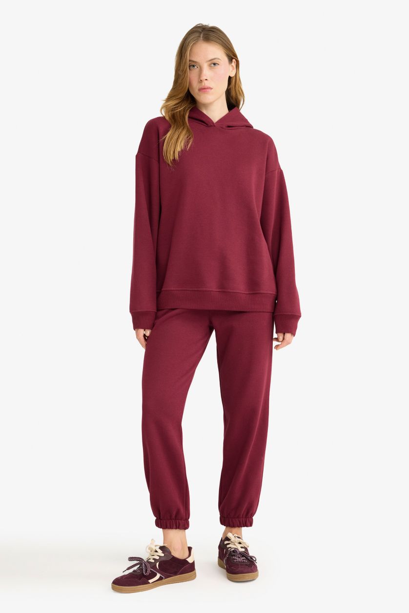 Kadın Bordo Basic Düz Cepli Beli Bağcıklı Kalın Jogger Eşofman Altı