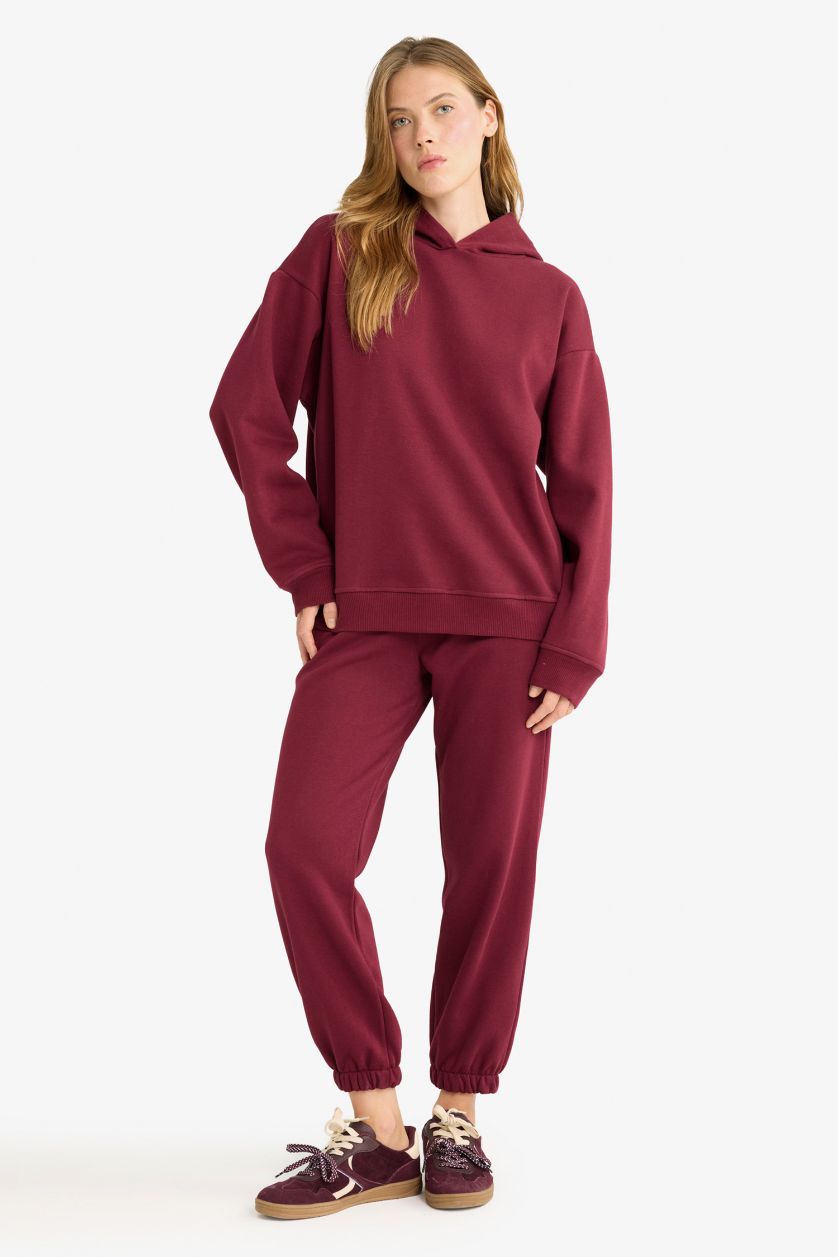 Kadın Bordo Basic Düz Cepli Beli Bağcıklı Kalın Jogger Eşofman Altı