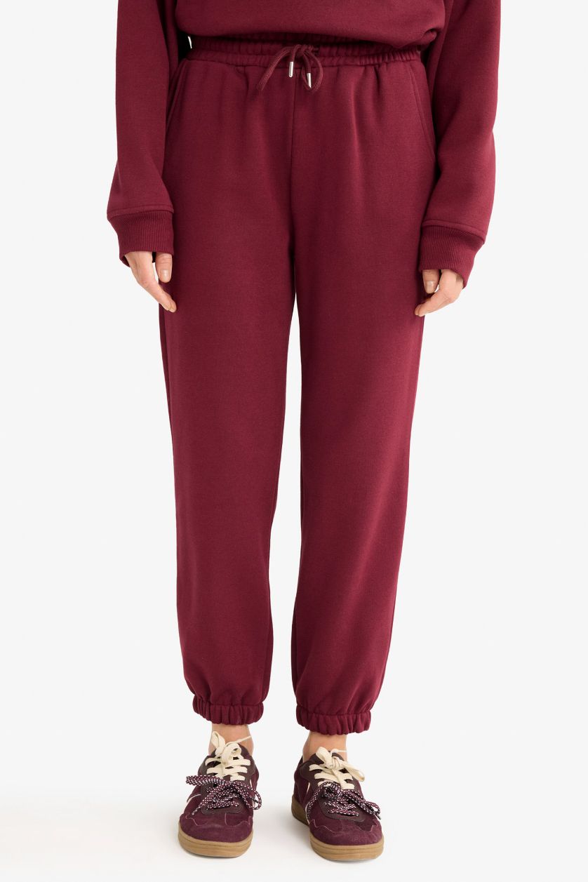 Kadın Bordo Basic Düz Cepli Beli Bağcıklı Kalın Jogger Eşofman Altı