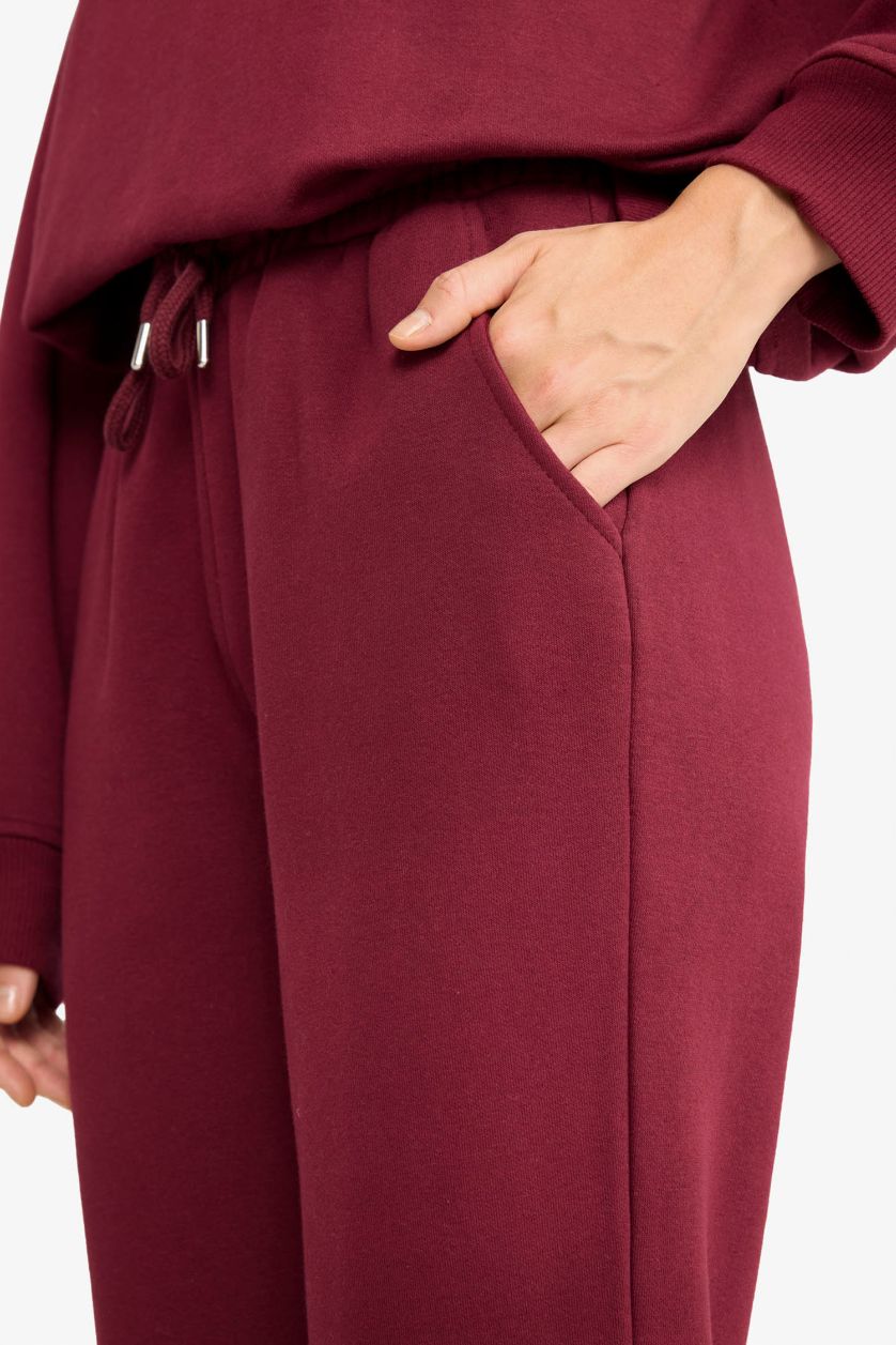 Kadın Bordo Basic Düz Cepli Beli Bağcıklı Kalın Jogger Eşofman Altı