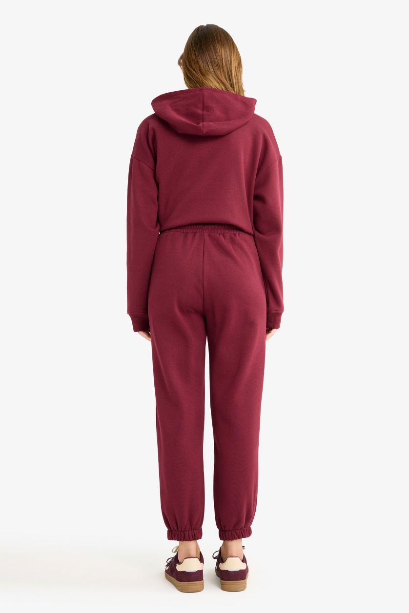 Kadın Bordo Basic Düz Cepli Beli Bağcıklı Kalın Jogger Eşofman Altı