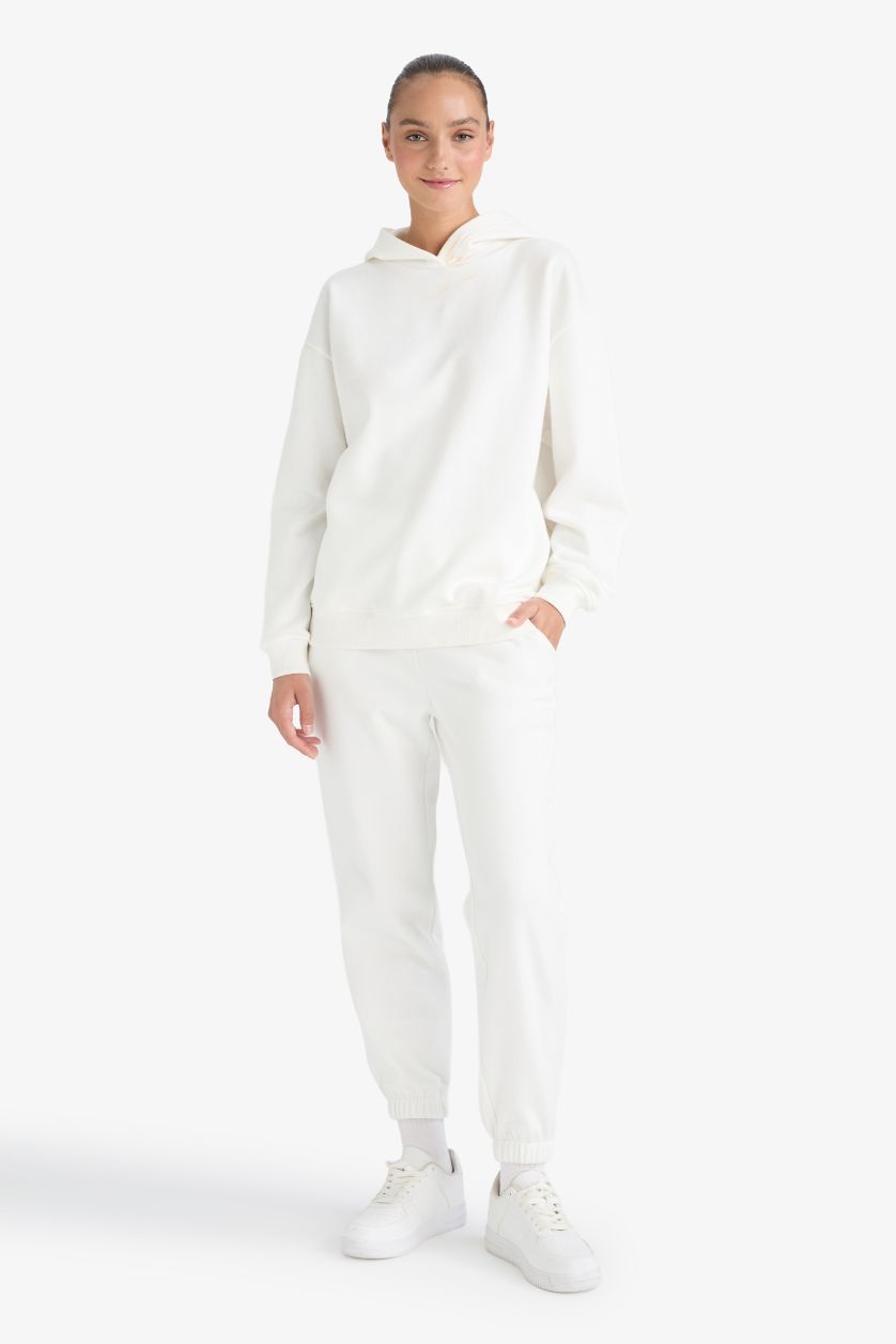 Kadın Ekru Basic Düz Cepli Beli Bağcıklı Kalın Jogger Eşofman Altı