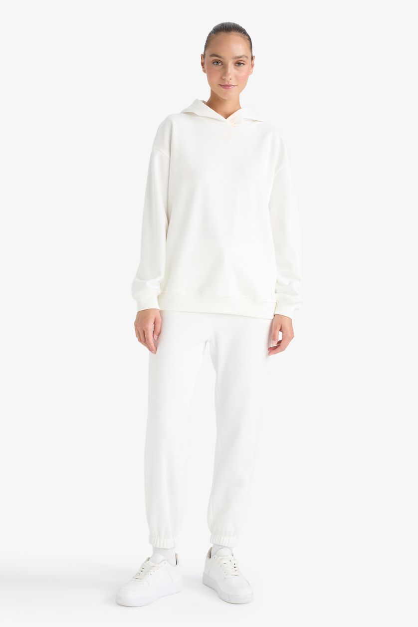 Kadın Ekru Basic Düz Cepli Beli Bağcıklı Kalın Jogger Eşofman Altı