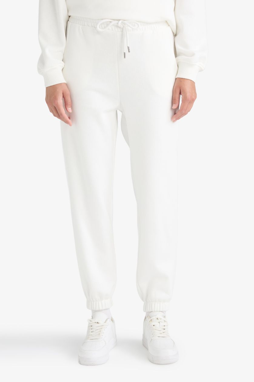 Kadın Ekru Basic Düz Cepli Beli Bağcıklı Kalın Jogger Eşofman Altı