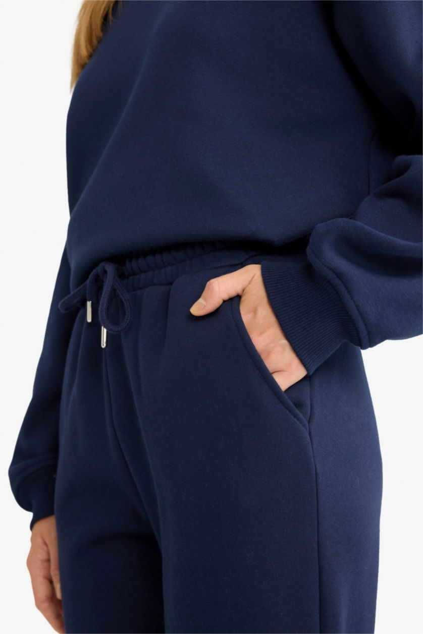 Kadın Lacivert Basıc Cepli Beli Bağcıklı Kalın Jogger Eşofman Altı