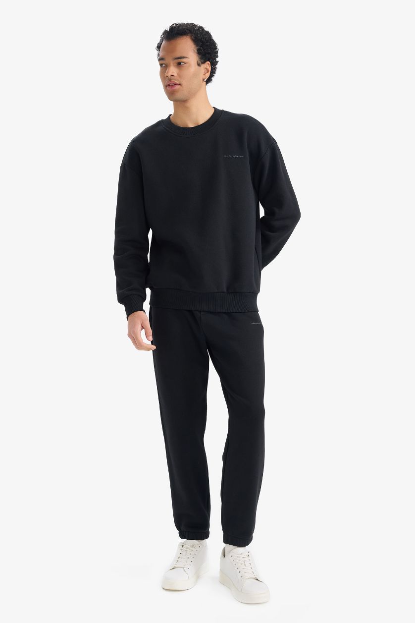 Erkek Siyah Boxy Fit 2'li Takım Bisiklet Yaka Baskılı Sweatshirt Eşofman Altı