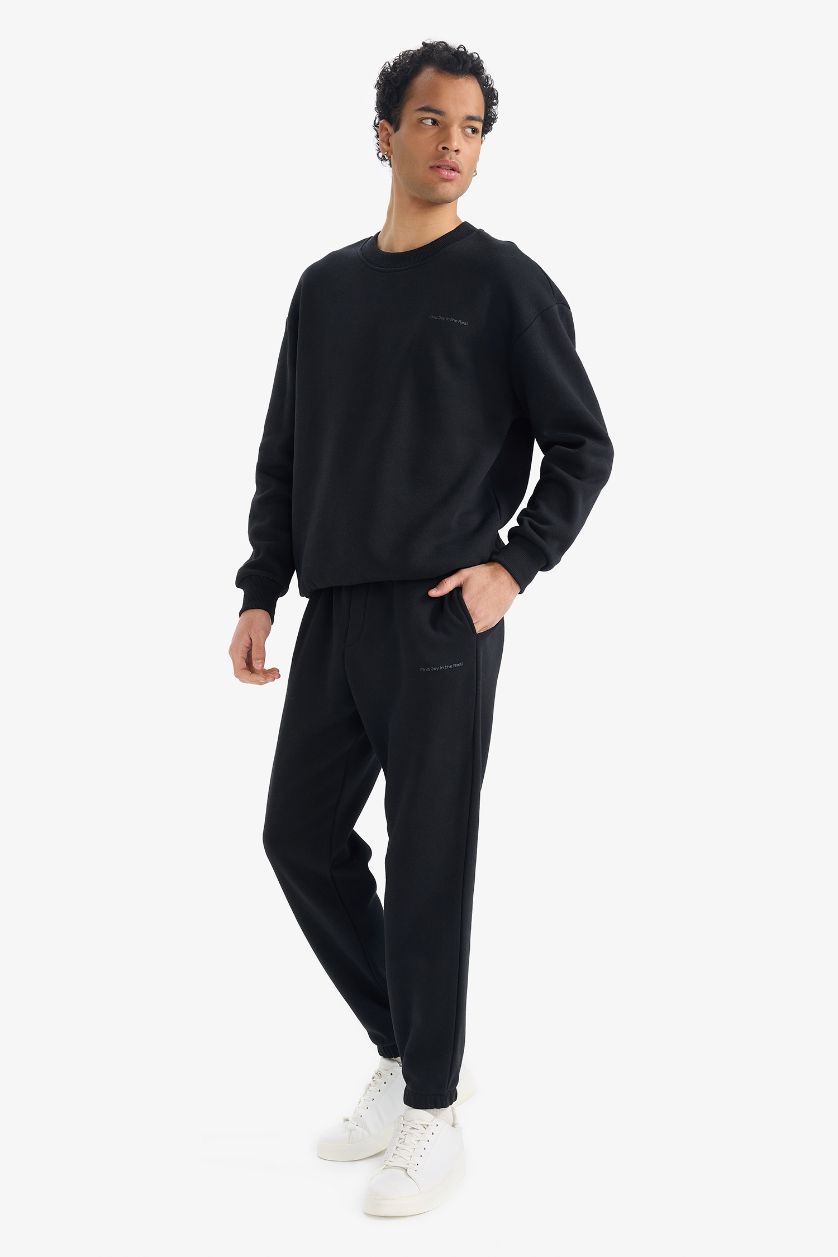 Erkek Siyah Boxy Fit 2'li Takım Bisiklet Yaka Baskılı Sweatshirt Eşofman Altı