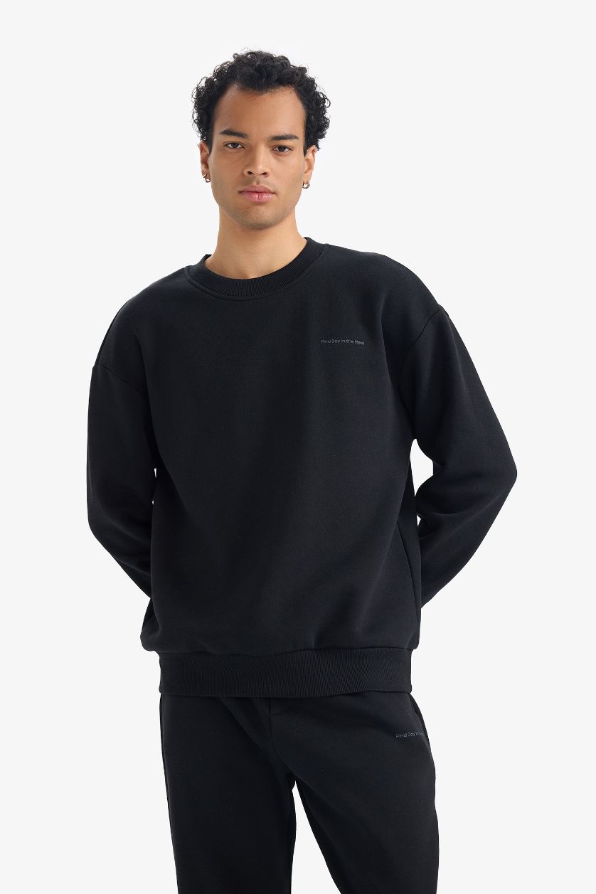 Erkek Siyah Boxy Fit 2'li Takım Bisiklet Yaka Baskılı Sweatshirt Eşofman Altı