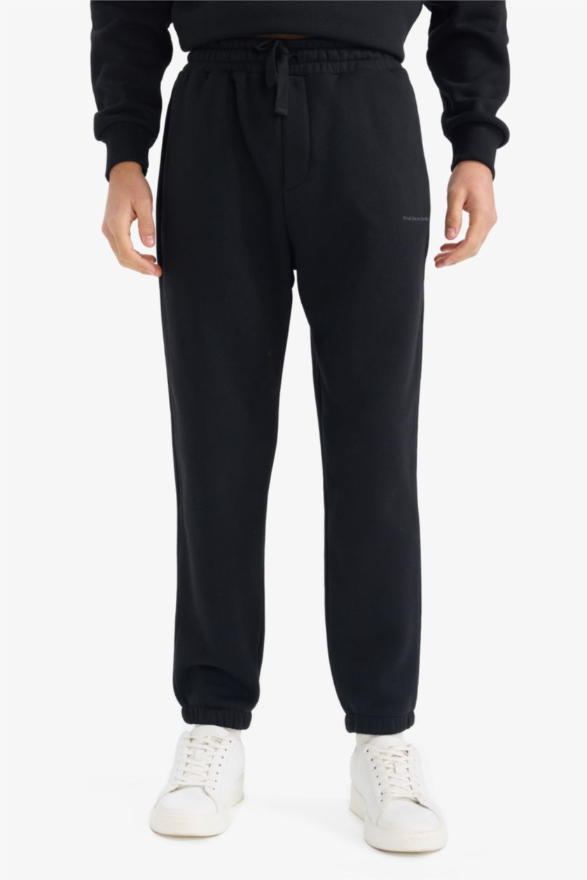 Erkek Siyah Boxy Fit 2'li Takım Bisiklet Yaka Baskılı Sweatshirt Eşofman Altı