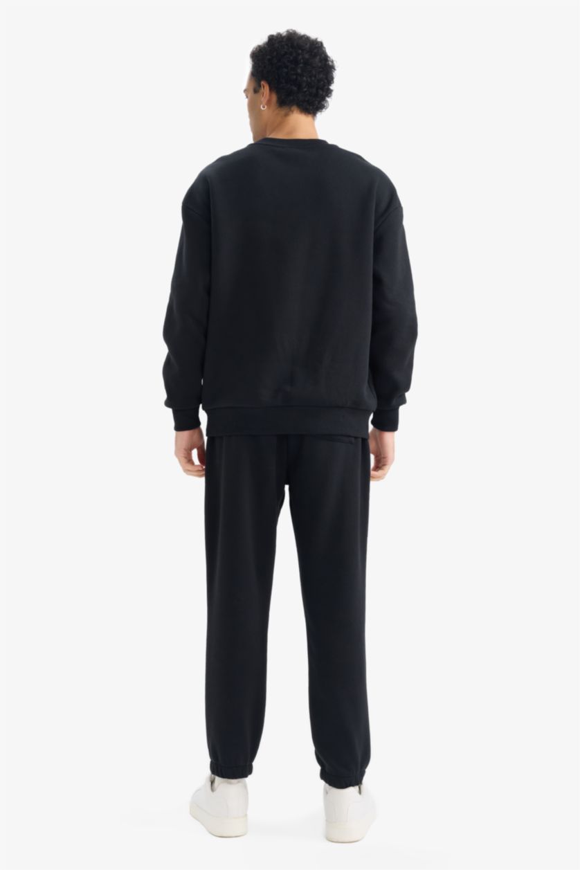 Erkek Siyah Boxy Fit 2'li Takım Bisiklet Yaka Baskılı Sweatshirt Eşofman Altı