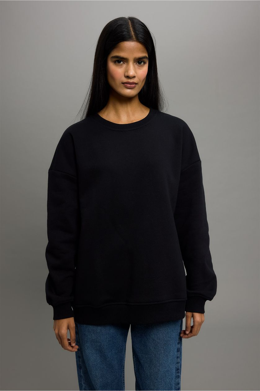 Woman Black Oversize Fit Basic Thick Sweatshirt