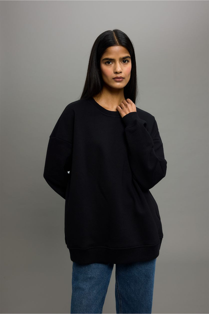 Woman Black Oversize Fit Basic Thick Sweatshirt