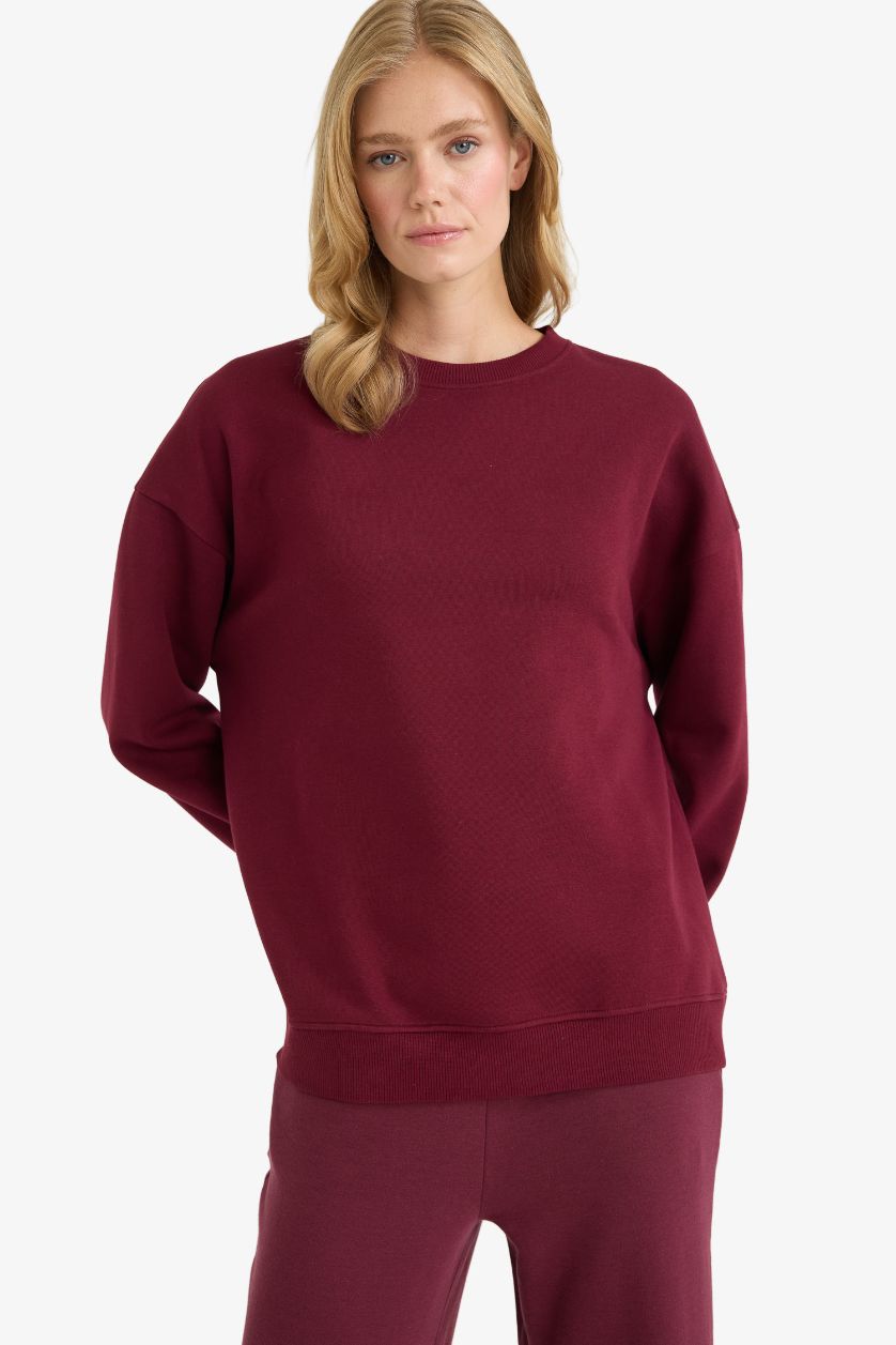 Kadın Bordo Oversize Geniş Kalıp Bisiklet Yaka Basic Düz Kalın Sweatshirt