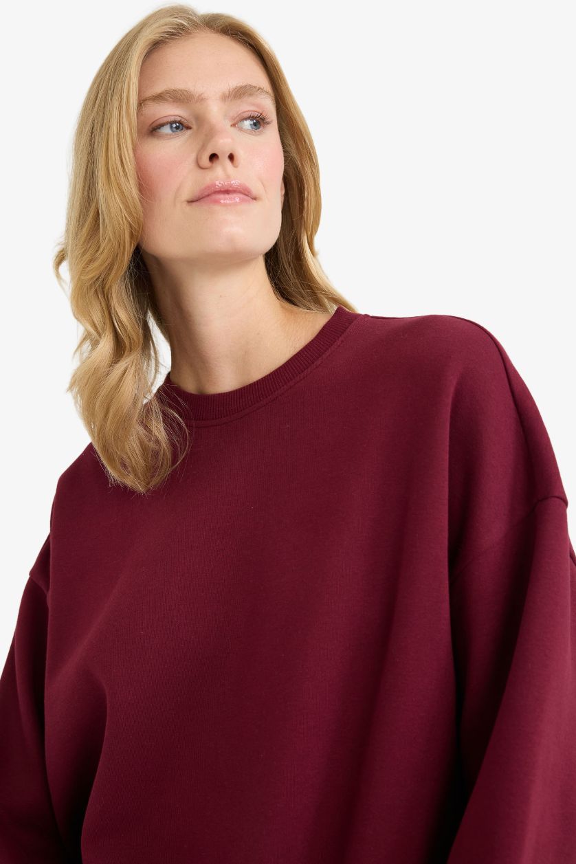 Kadın Bordo Oversize Geniş Kalıp Bisiklet Yaka Basic Düz Kalın Sweatshirt