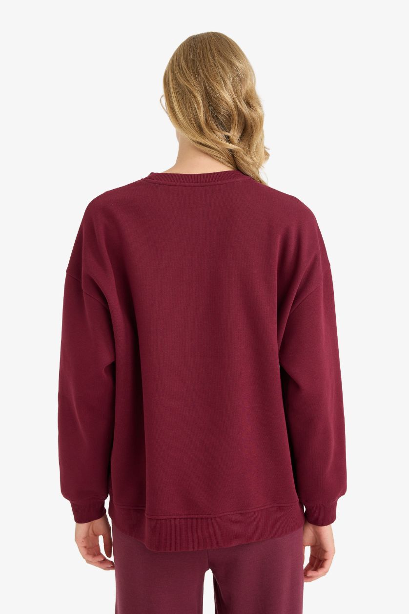 Kadın Bordo Oversize Geniş Kalıp Bisiklet Yaka Basic Düz Kalın Sweatshirt