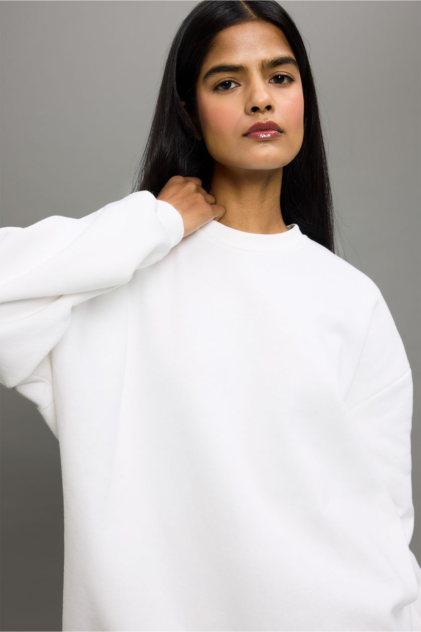 Kadın Ekru Oversize Geniş Kalıp Bisiklet Yaka Basic Düz Kalın Sweatshirt