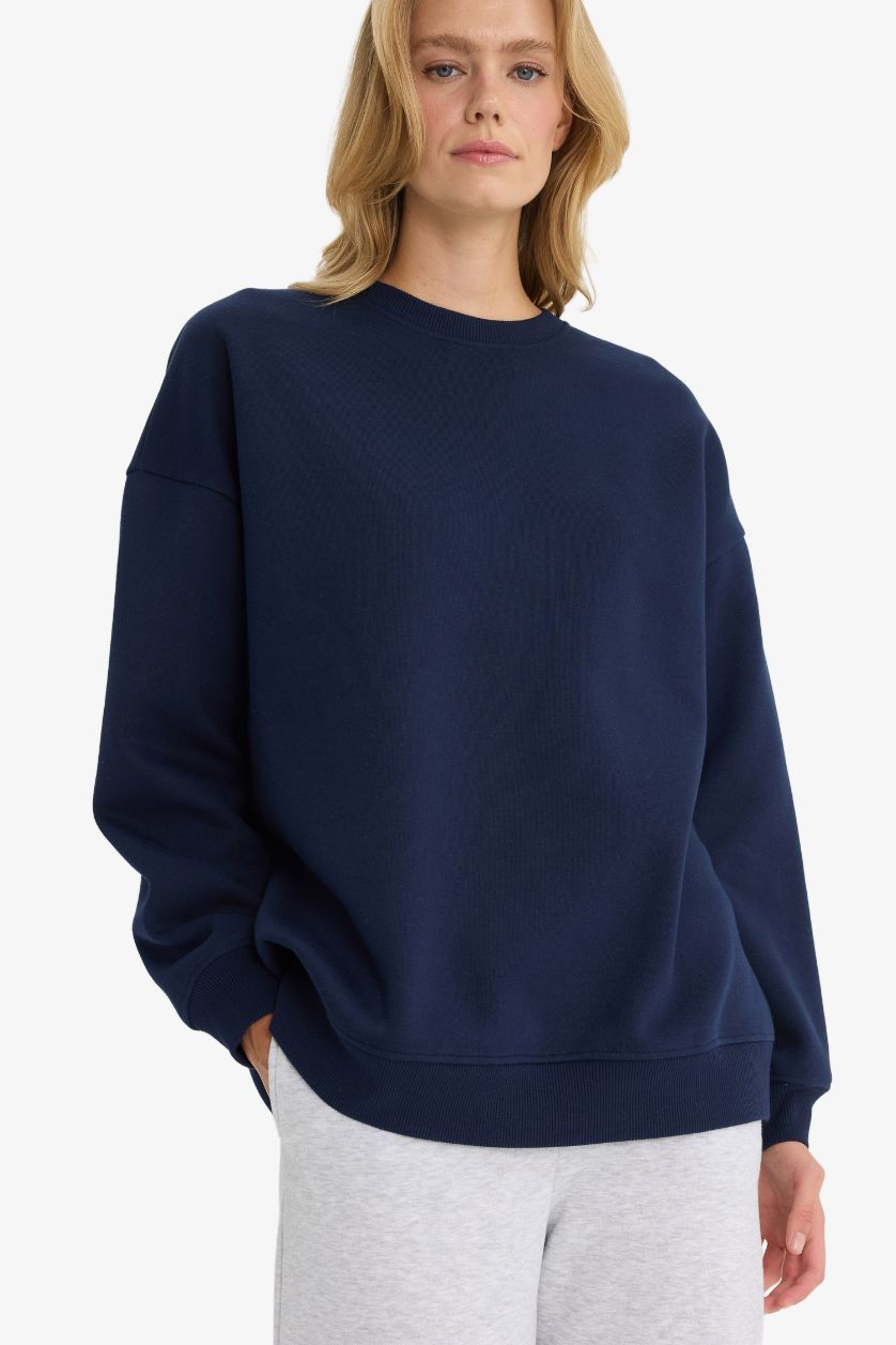 Kadın Lacivert Oversize Geniş Kalıp Bisiklet Yaka Basic Düz Kalın Sweatshirt