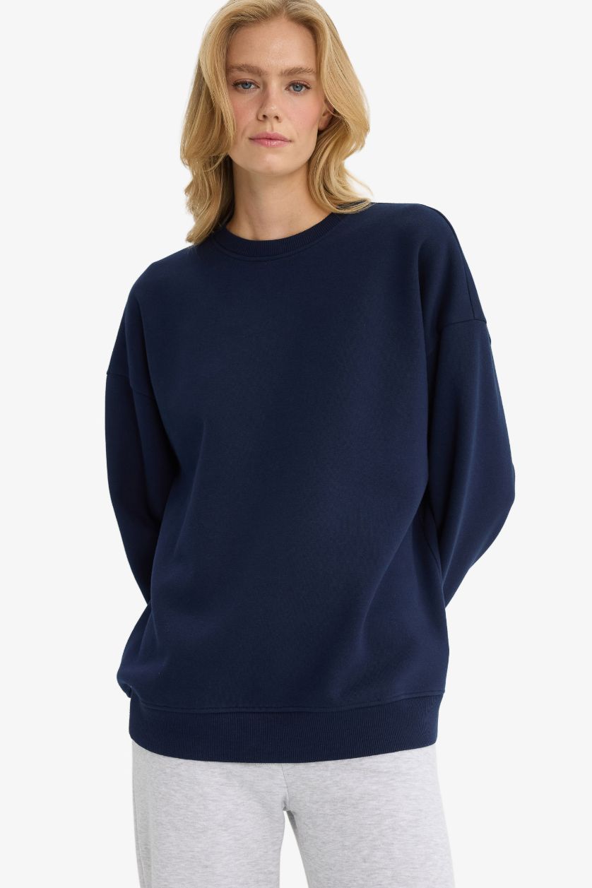 Kadın Lacivert Oversize Geniş Kalıp Bisiklet Yaka Basic Düz Kalın Sweatshirt