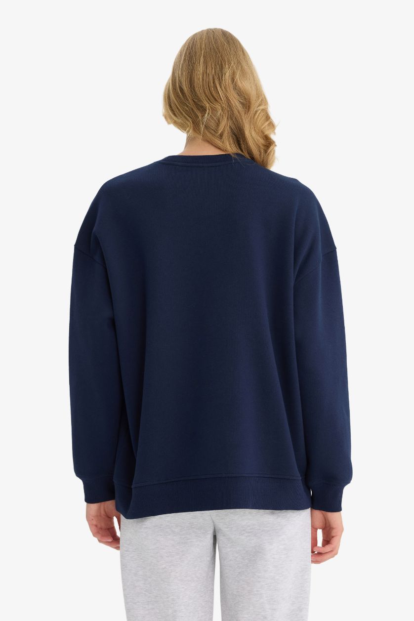 Kadın Lacivert Oversize Geniş Kalıp Bisiklet Yaka Basic Düz Kalın Sweatshirt