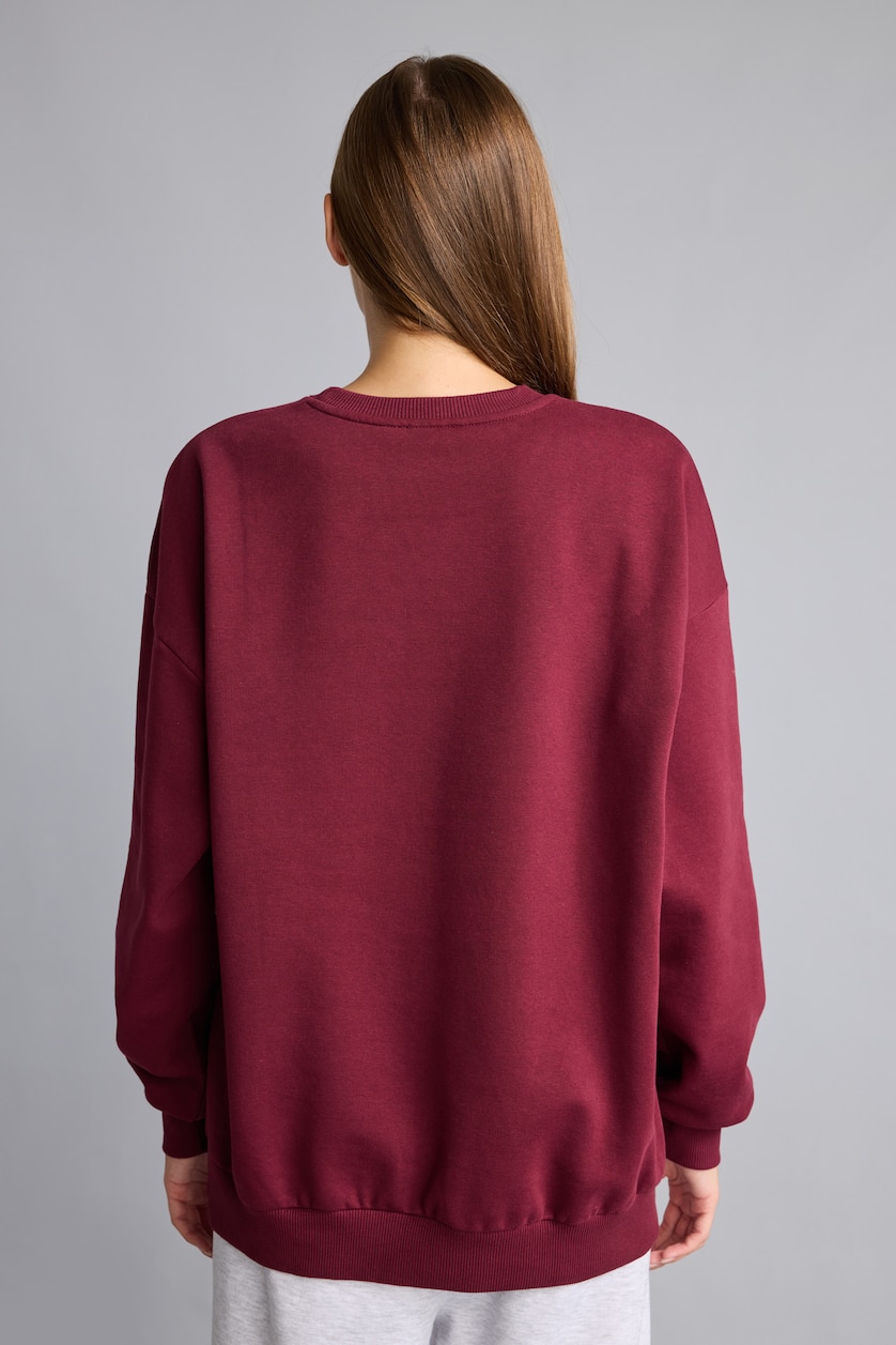 Kadın Bordo Oversıze Basıc Kalın Sweatshirt