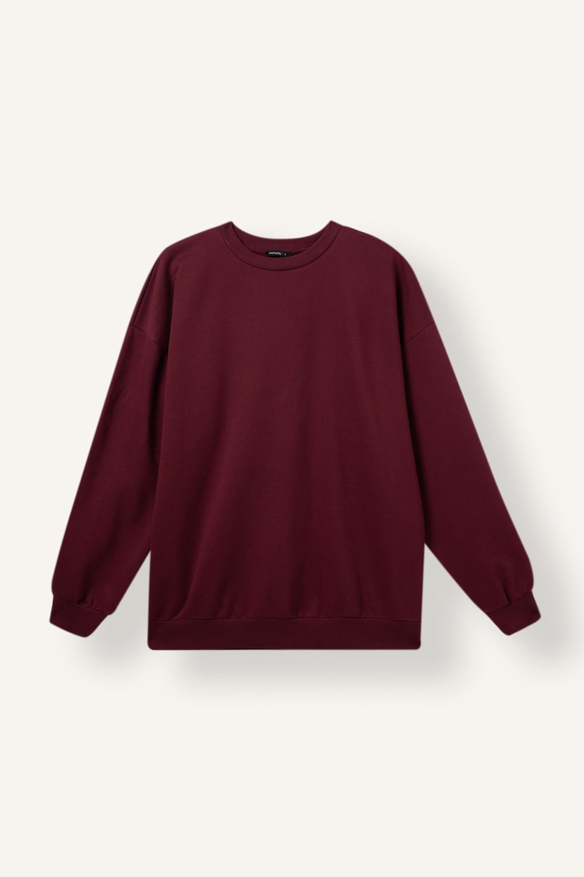 Kadın Bordo Oversıze Basıc Kalın Sweatshirt