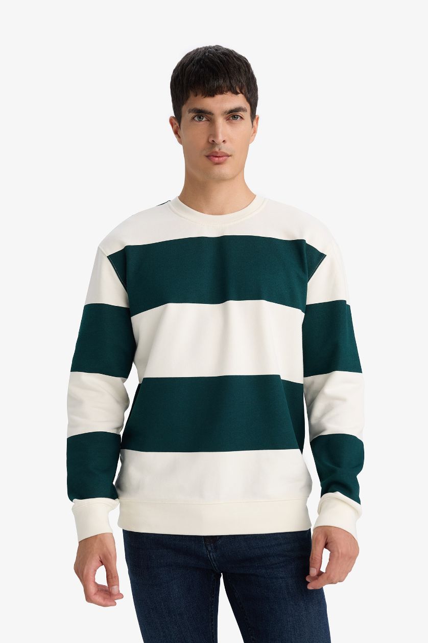 رجالي أخضر غامق سويت شيرت مخطط برقبة مستديرة