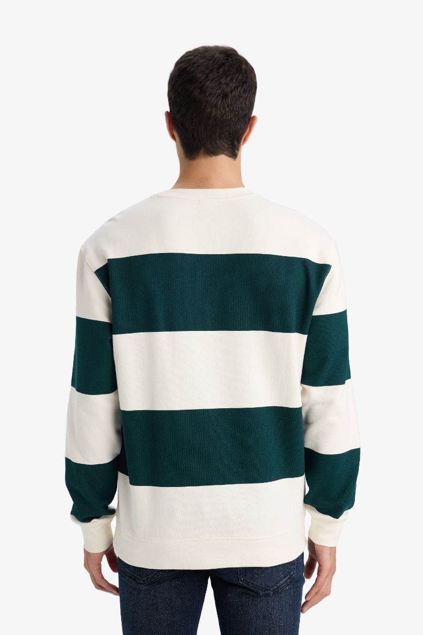 رجالي أخضر غامق سويت شيرت مخطط برقبة مستديرة