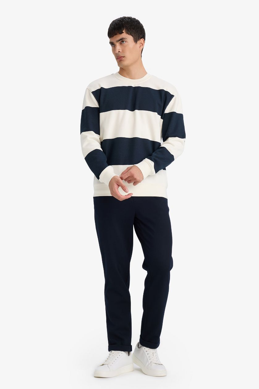 رجالي كحلي سويت شيرت مخطط برقبة مستديرة