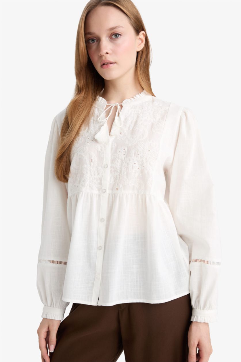 Woman Ecru Relax Fit Frilly Long Sleeve Shirt