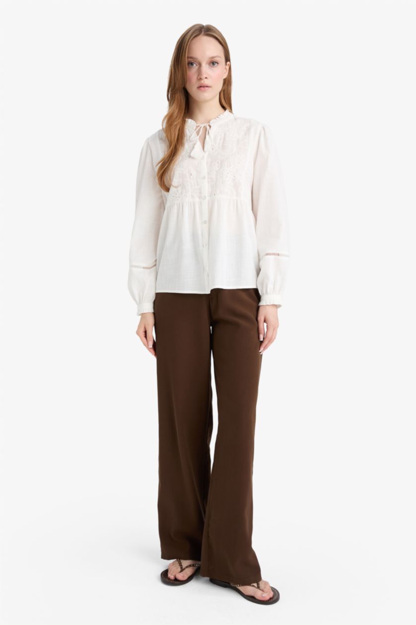 Woman Ecru Relax Fit Frilly Long Sleeve Shirt