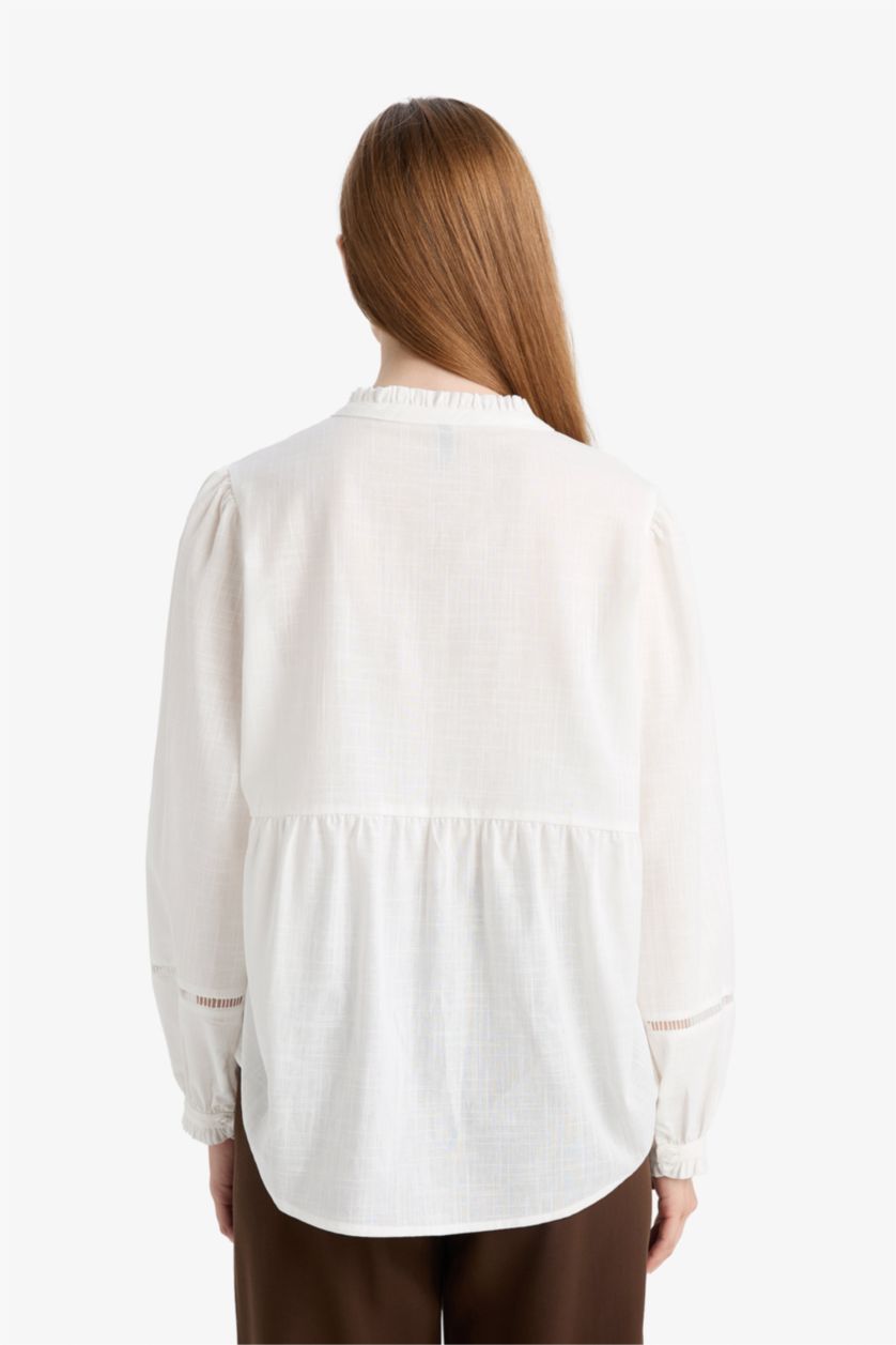 Woman Ecru Relax Fit Frilly Long Sleeve Shirt