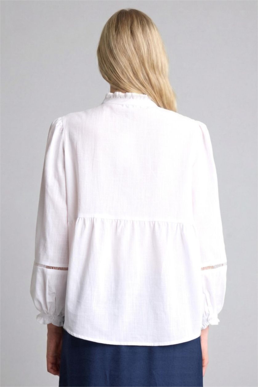 Women White Relax Fit Frilly Long Sleeve Shirt