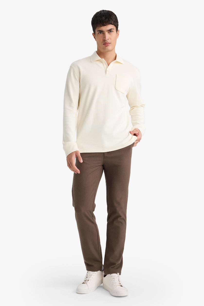 MAN Ecru Long Sleeve Polo Collar T-Shirt