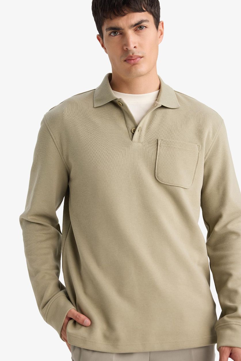 MAN Khaki Long Sleeve Polo Collar T-Shirt