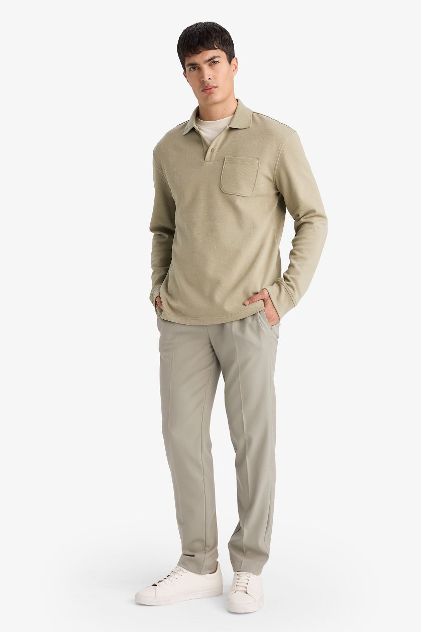 MAN Khaki Long Sleeve Polo Collar T-Shirt
