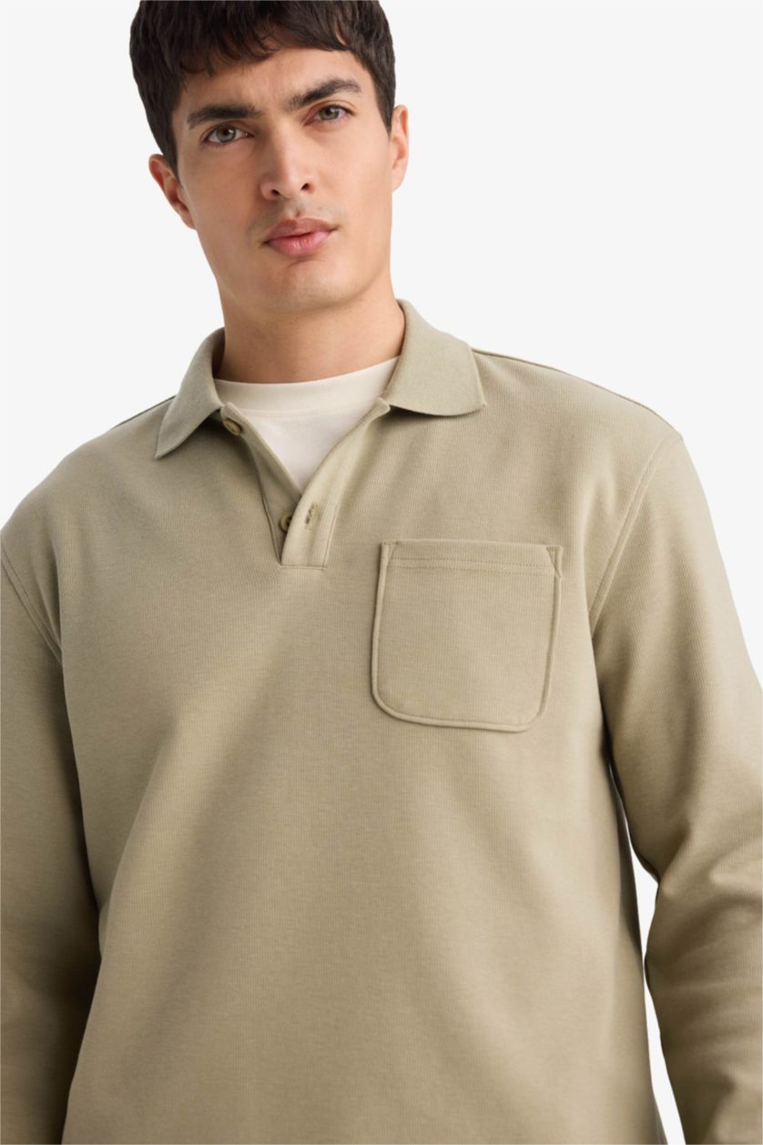 MAN Khaki Long Sleeve Polo Collar T-Shirt