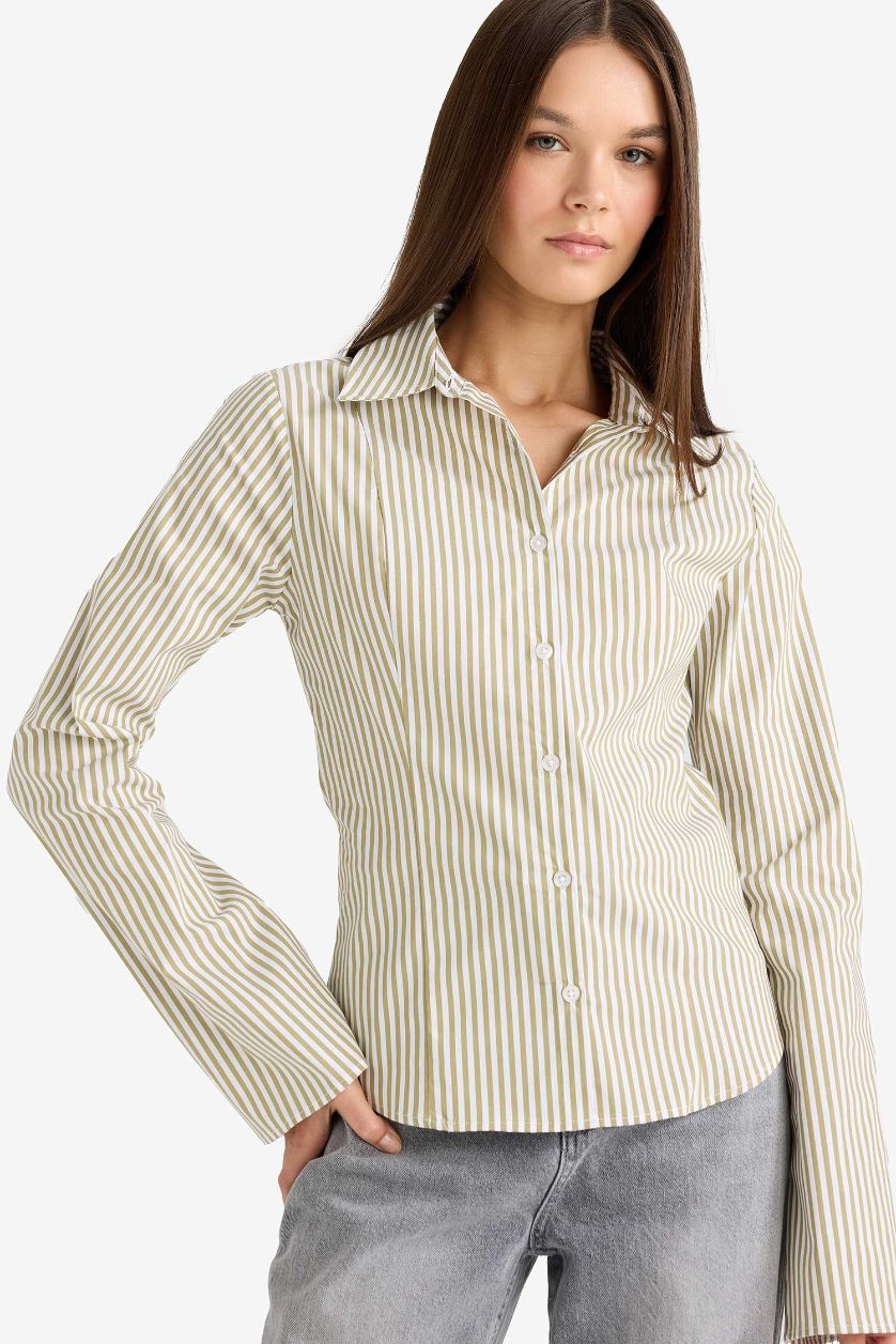 WOMAN Green Fitted Poplin Long Sleeve Striped Shirt