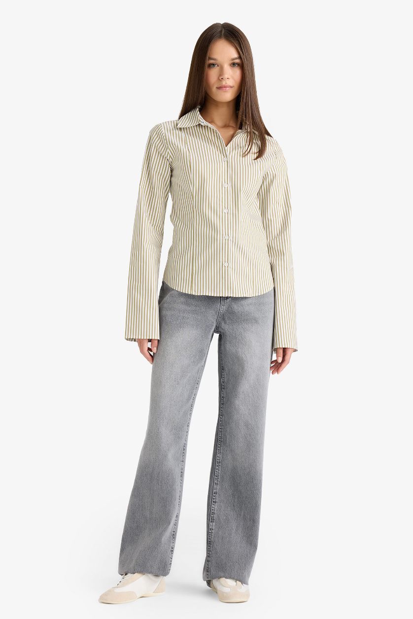 WOMAN Green Fitted Poplin Long Sleeve Striped Shirt