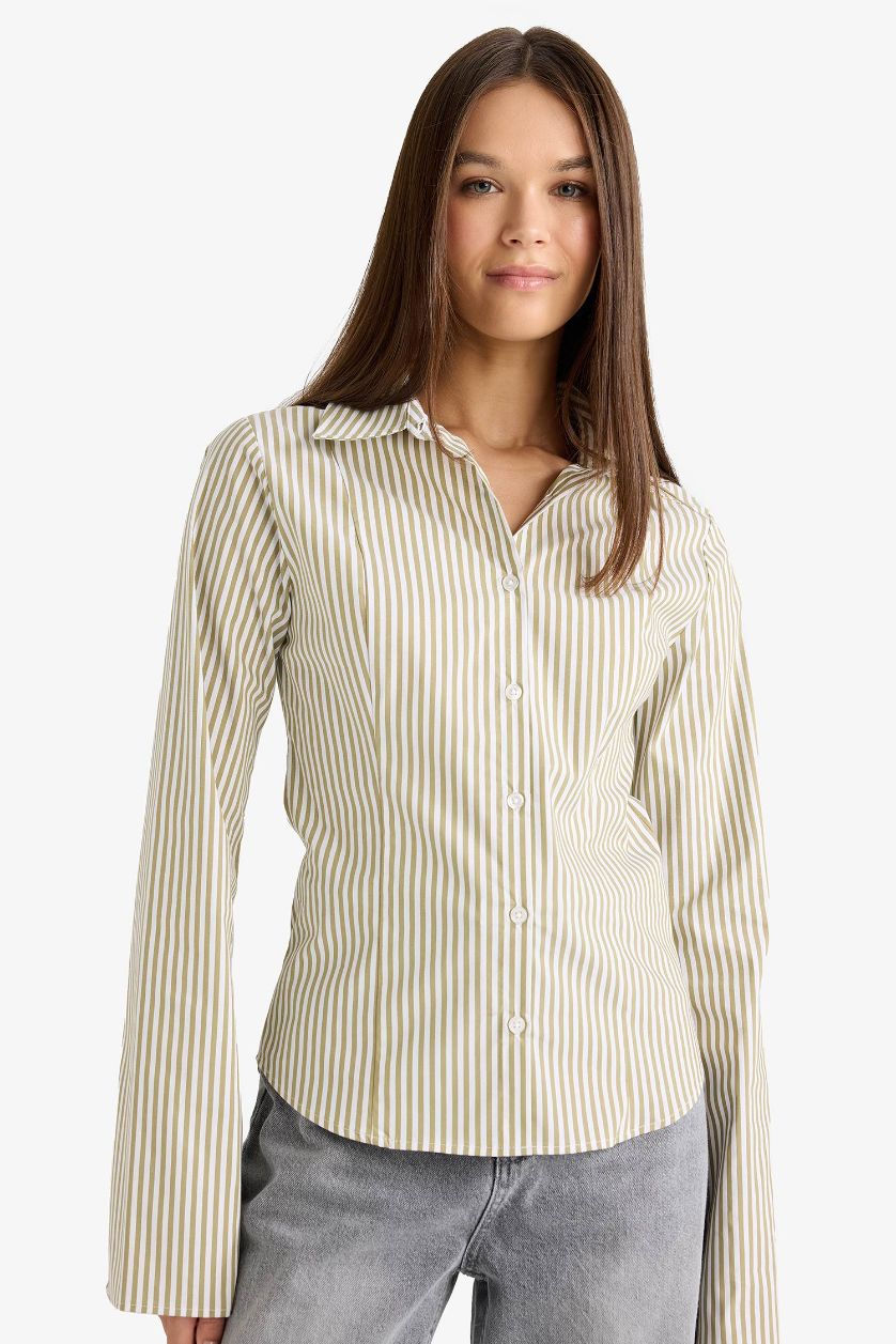 WOMAN Green Fitted Poplin Long Sleeve Striped Shirt