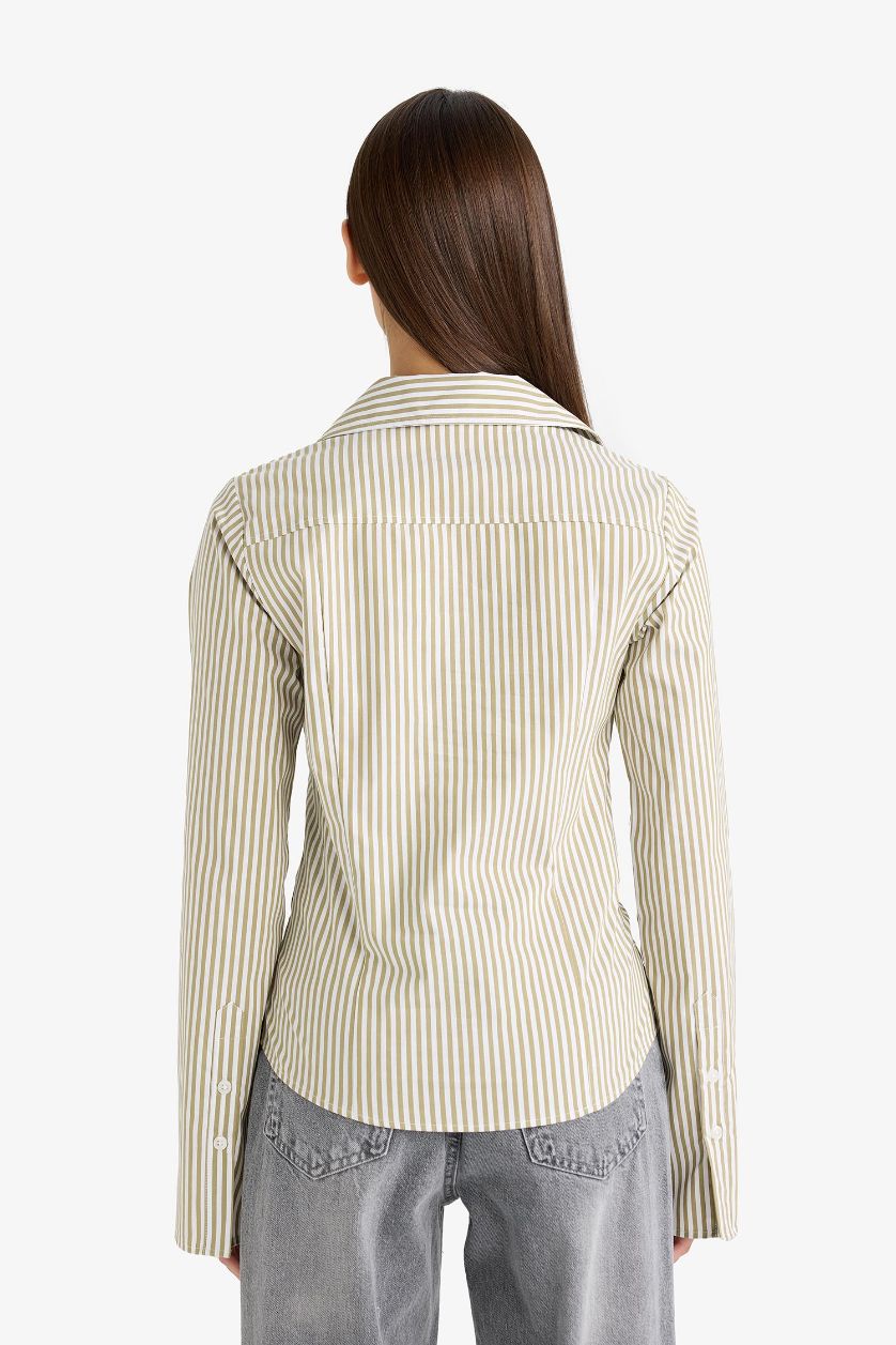 WOMAN Green Fitted Poplin Long Sleeve Striped Shirt