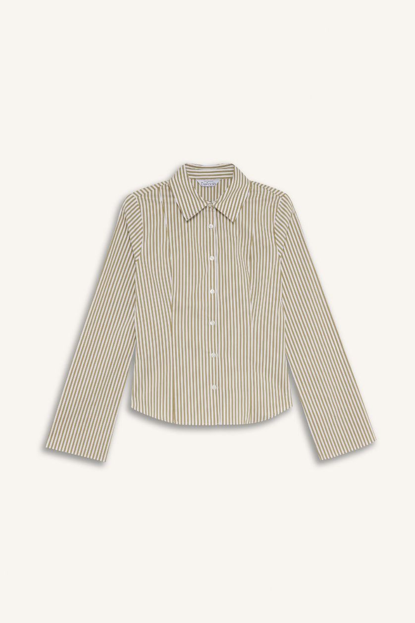 WOMAN Green Fitted Poplin Long Sleeve Striped Shirt