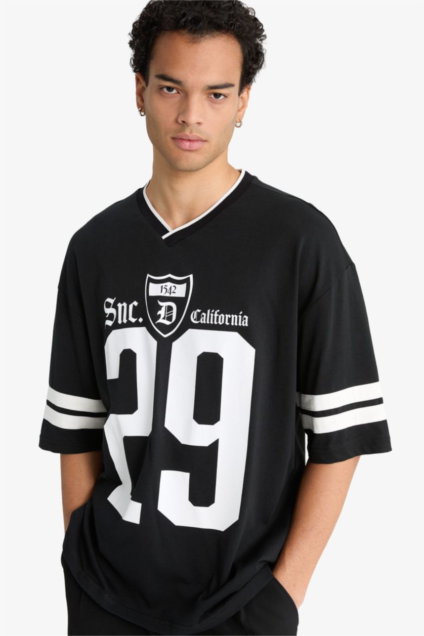 Erkek Siyah Loose Fıt Bisiklet Yaka Baskılı Kısa Kollu Tişört