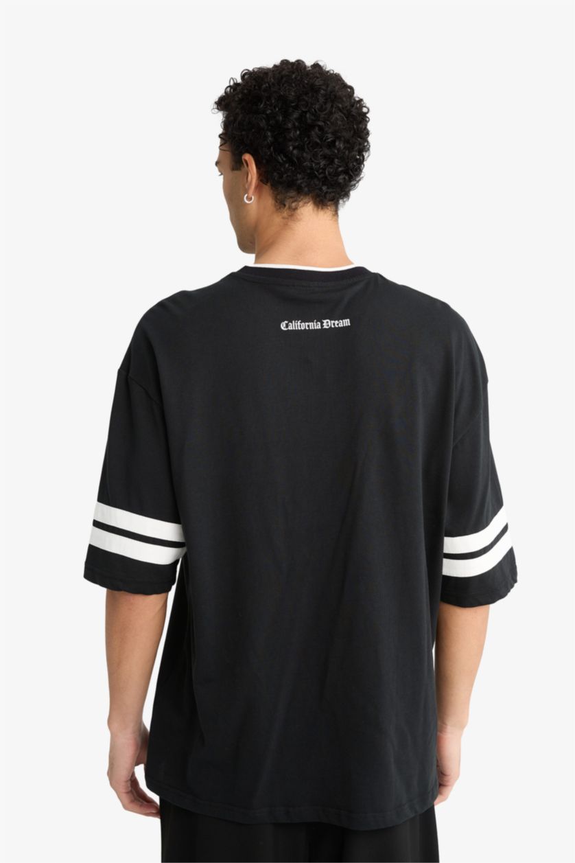 Erkek Siyah Loose Fıt Bisiklet Yaka Baskılı Kısa Kollu Tişört